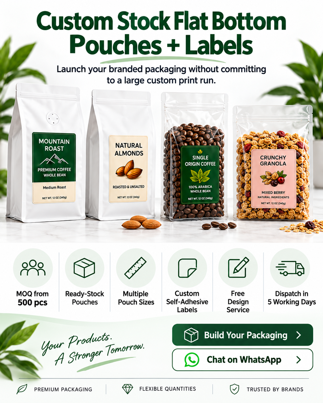 Custom Flat Bottom Pouches + Labels | MOQ 500 | Free Design