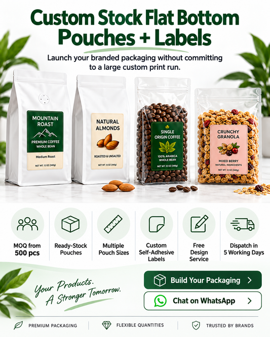 Custom Flat Bottom Pouches + Labels | MOQ 500 | Free Design