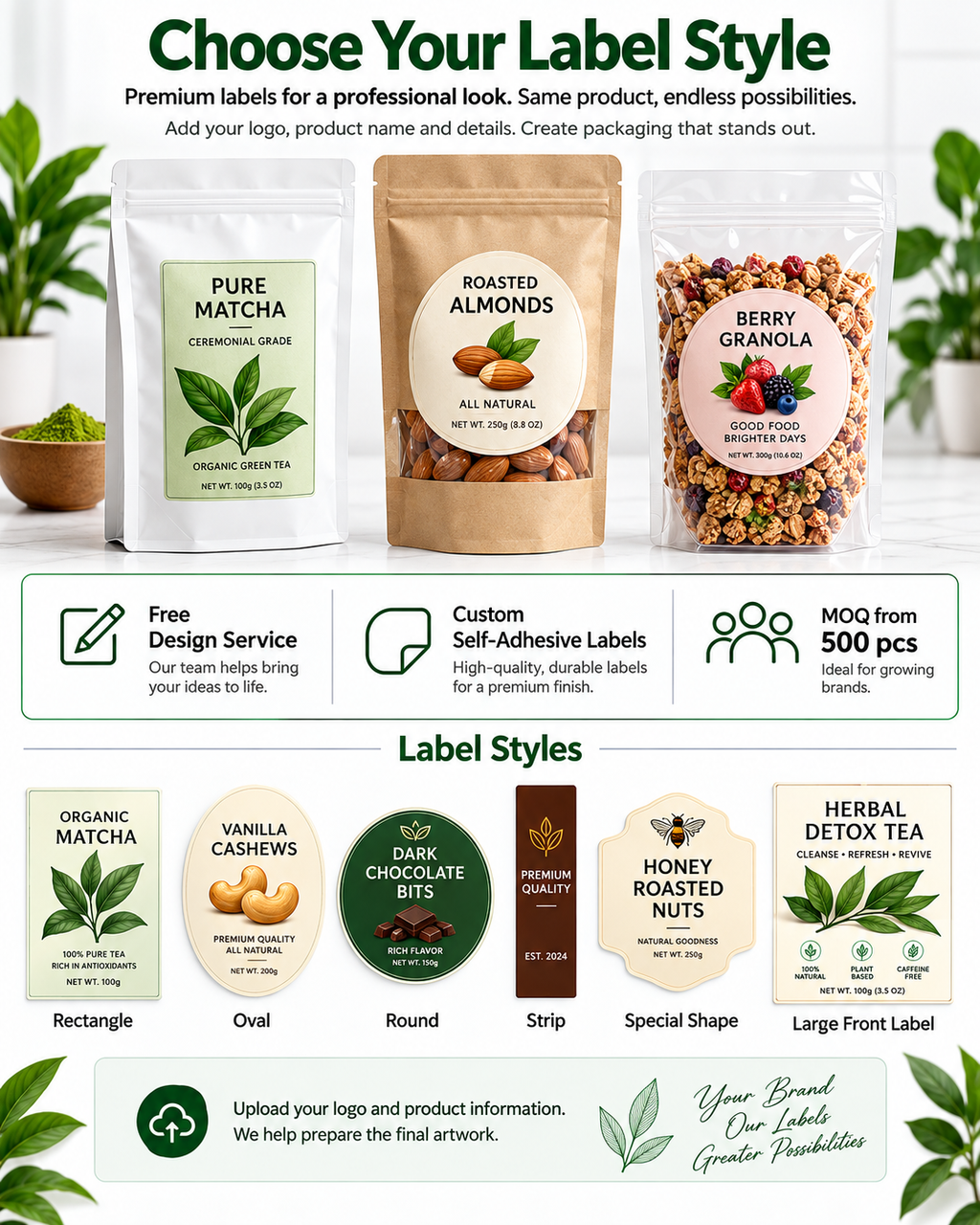 Custom Flat Bottom Pouches + Labels | MOQ 500 | Free Design