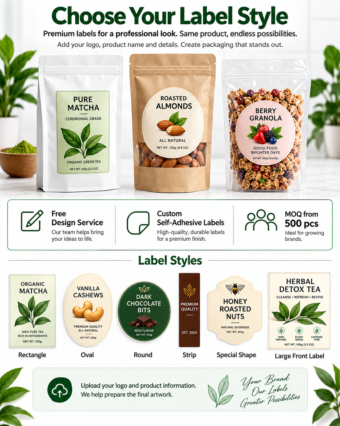Custom Flat Bottom Pouches + Labels | MOQ 500 | Free Design