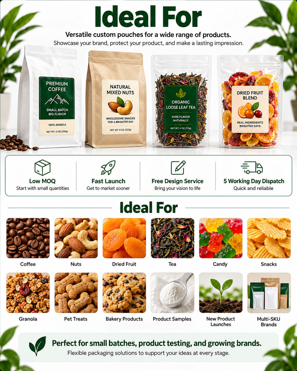 Custom Flat Bottom Pouches + Labels | MOQ 500 | Free Design