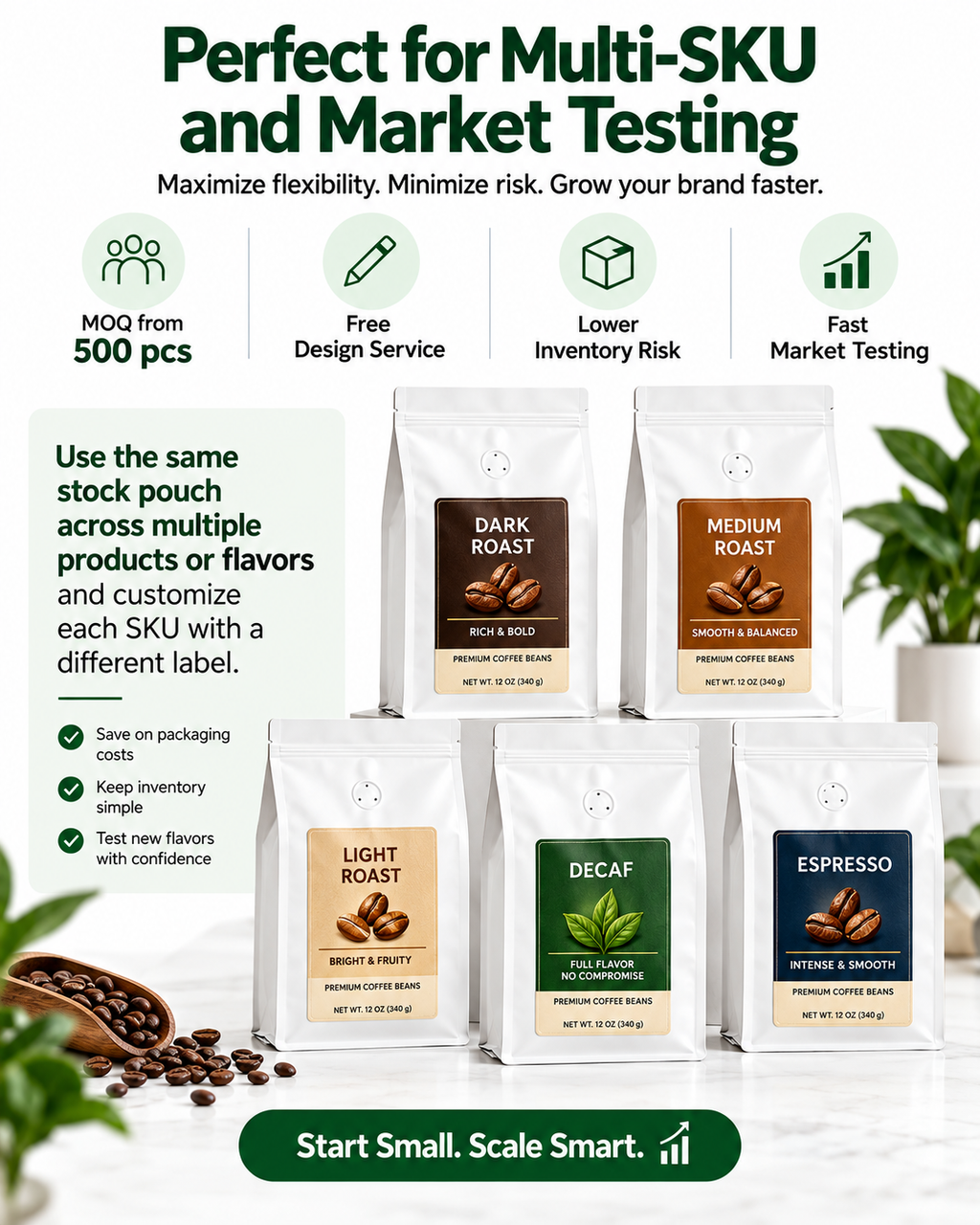 Custom Flat Bottom Pouches + Labels | MOQ 500 | Free Design