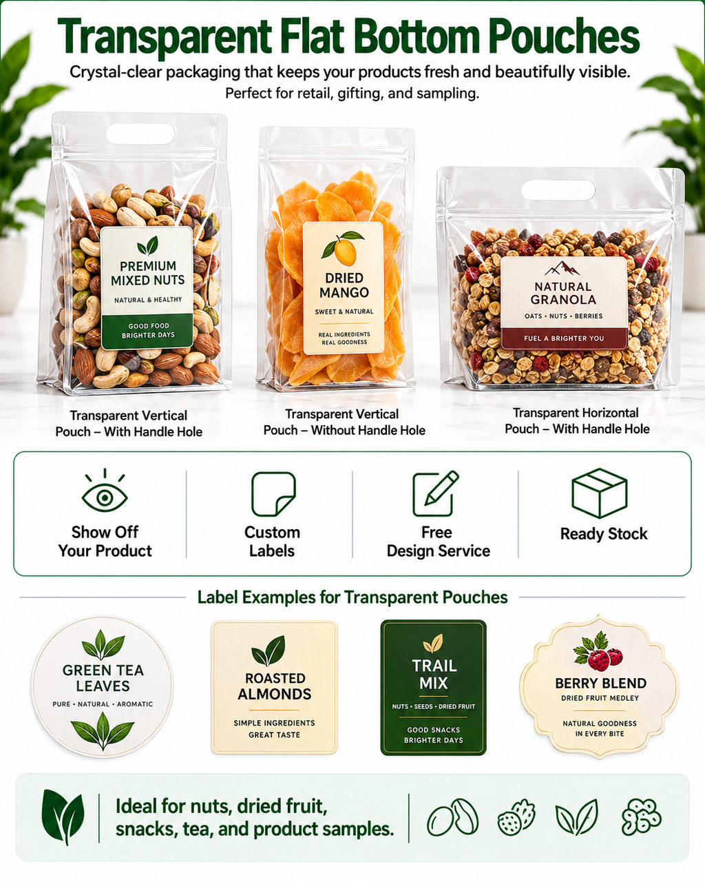 Custom Flat Bottom Pouches + Labels | MOQ 500 | Free Design